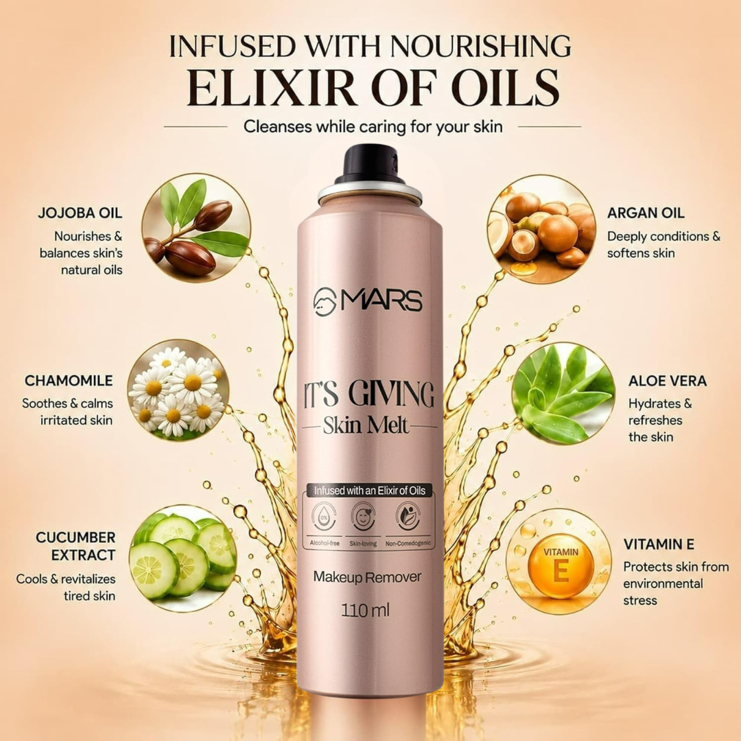 MARS It's Giving Skin Melt Makeup Remover Spray – Non-Comedogenic, Alcohol-Free Makeup Remover – Infused with Elixir of Nourishing Oils – Effortlessly Removes Waterproof & Heavy Makeup