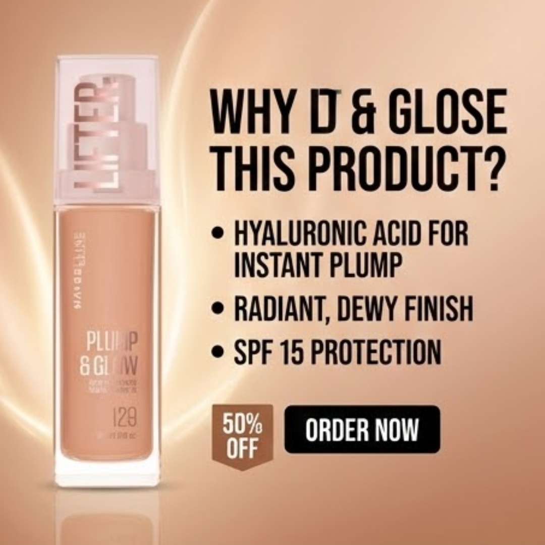 Maybelline Plump & Glow Foundation | 2% Niacinamide + Hyaluronic Acid, SPF 15, Dewy Finish & Instant Plumping Coverage