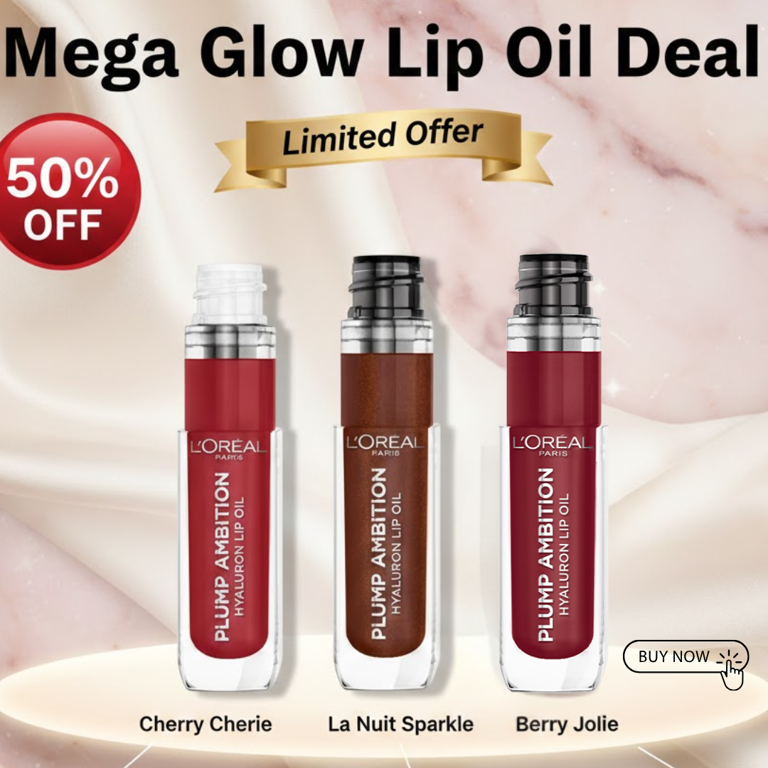 L'Oréal Paris Plump Ambition Hyaluron Lip Oil Trio | Plumping, Hydrating & High-Shine Lip Gloss Set