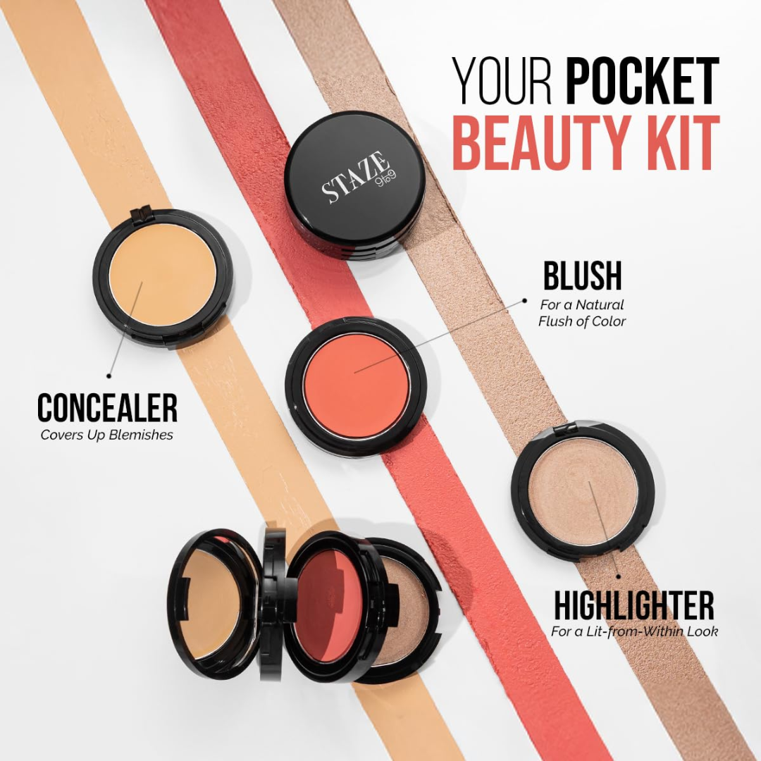 STAZE Glow 3-in-1 Pocket Beauty Kit | Concealer + Blush + Highlighter | Buildable, Blendable, 12-Hour Wear