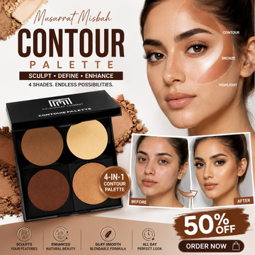 Musarrat Misbah 4-in-1 Contour Palette – Sculpt, Define & Enhance – 4 Shades, Endless Possibilities – Highlight, Contour & Bronze & Concealer – Blendable, Silky Smooth & Long-Lasting