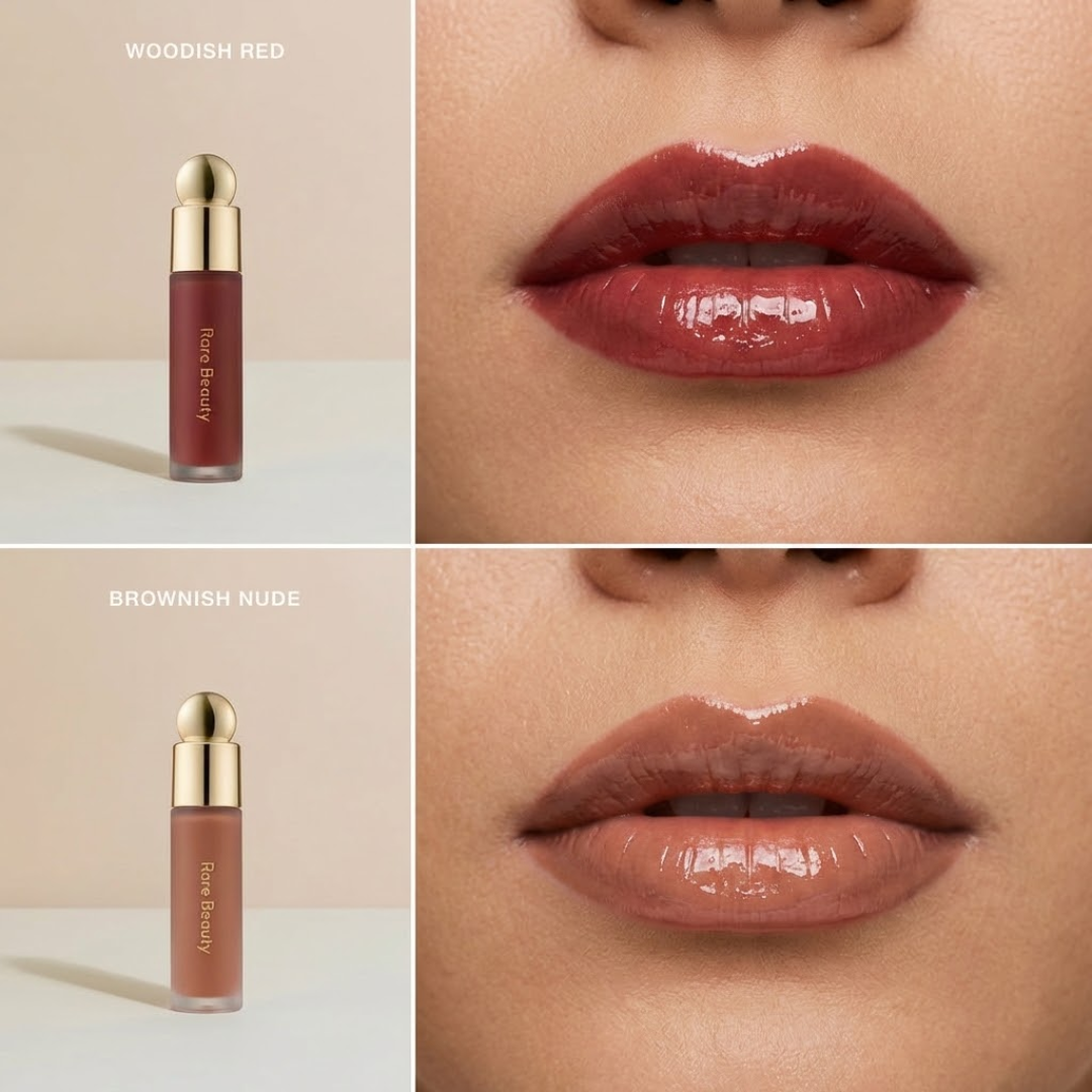 Rare Beauty Soft Pinch Tinted Lip Oil – Pack of 2 | Moisture-Rich, Plumping & Lightweight Lip Gloss in Woodish Red & Brownish Nude