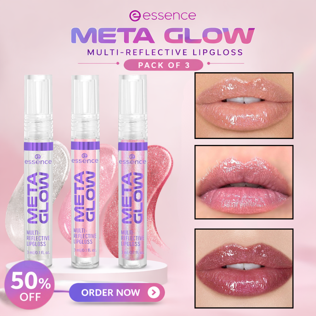 Essence Gloss Metal Glow | Sparkle Reflective Lip Gloss | Glass-Like Shine with Vitamin E (Pack of 3 - Transparent, Pink & Rose)