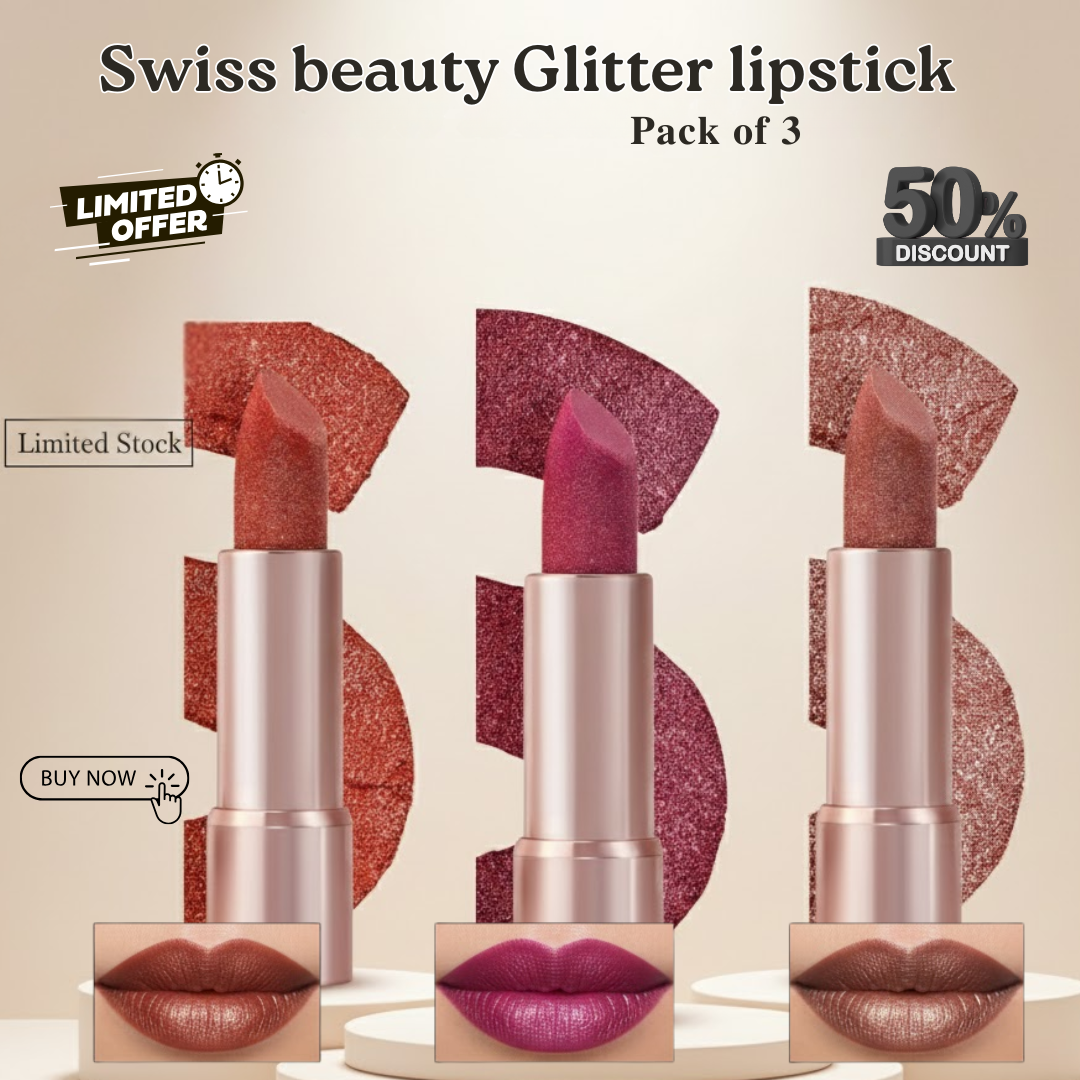 Swiss Beauty Glitter Lipstick Pack of 3 | Nourishing Vitamin C Formula, Long-Lasting Shimmer & Glittery Finish