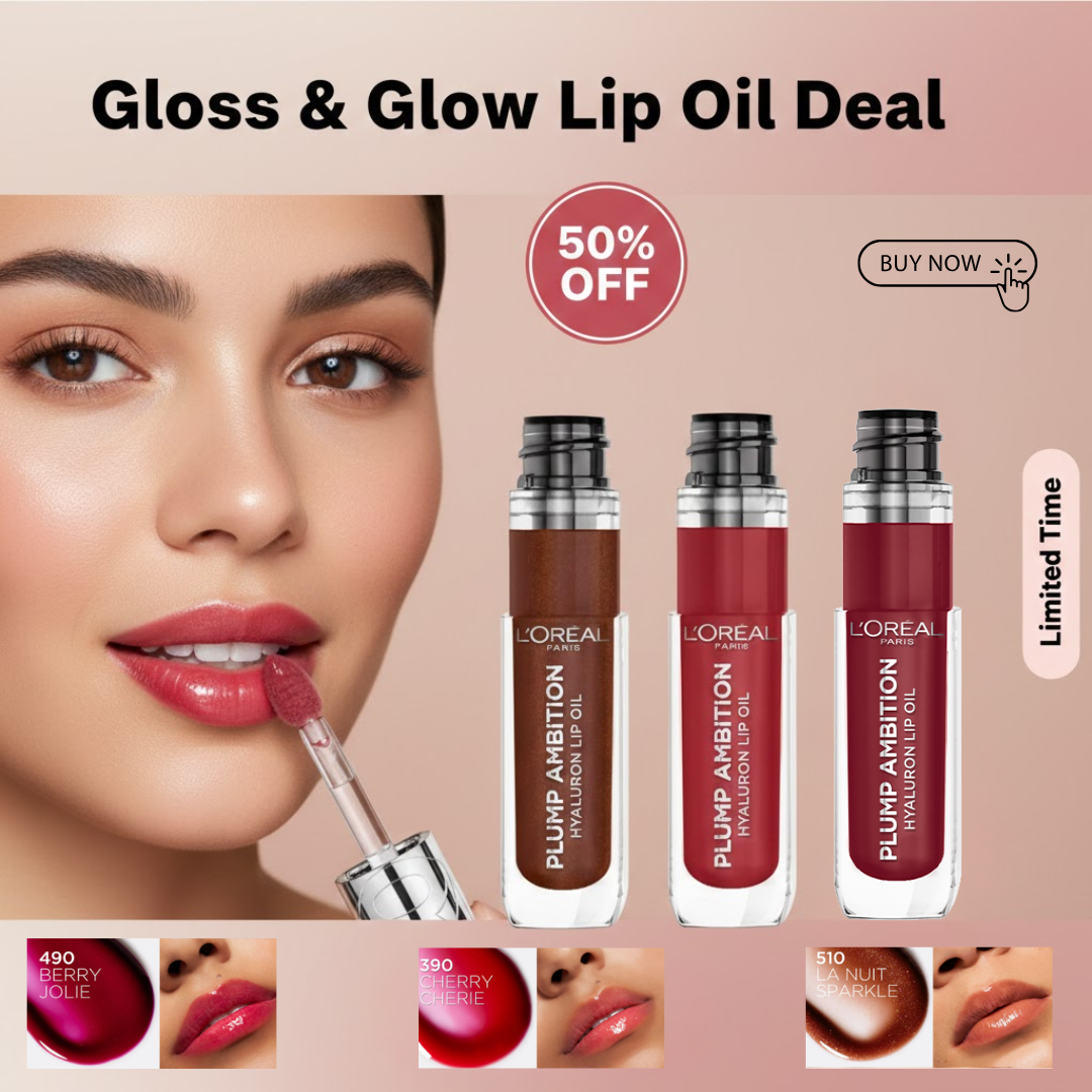 L'Oréal Paris Plump Ambition Hyaluron Lip Oil Trio | Plumping, Hydrating & High-Shine Lip Gloss Set