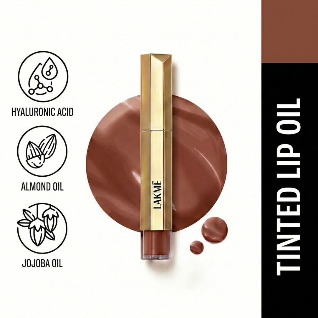 Lakmé 9To5 Tinted Lip Oil | Intense Color & Hydration with Hyaluronic Acid, Jojoba & Almond Oils