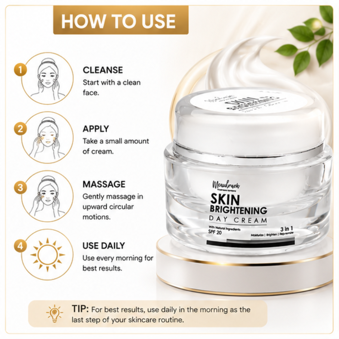 Mcaulraek Skin Brightening Day Cream – Brighten, Protect & Hydrate – 3-in-1 Moisturizer, Brightener & Rejuvenator – SPF 20 – Enhances Natural Radiance, Shields from UV & Skinbrun
