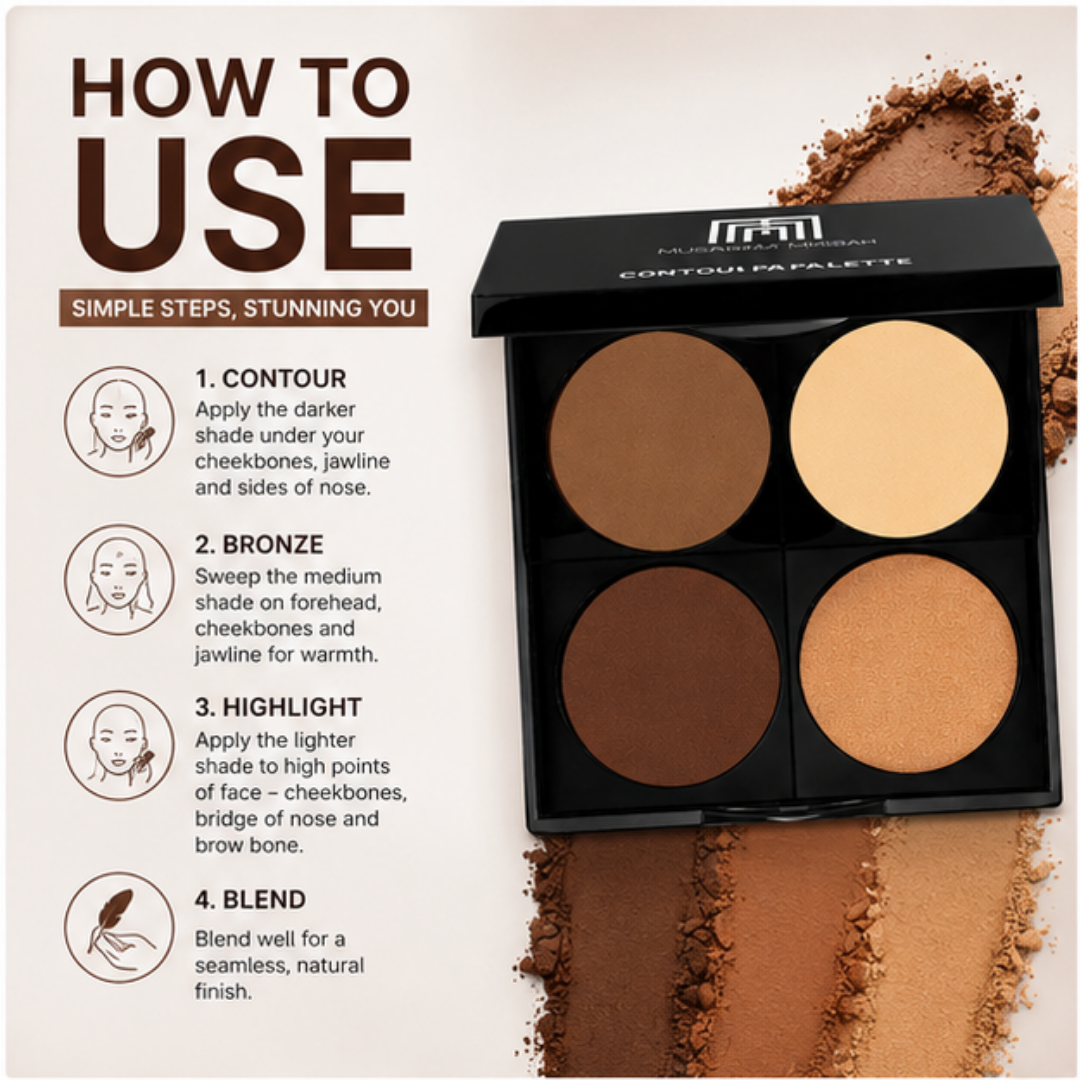 Musarrat Misbah 4-in-1 Contour Palette – Sculpt, Define & Enhance – 4 Shades, Endless Possibilities – Highlight, Contour & Bronze & Concealer – Blendable, Silky Smooth & Long-Lasting