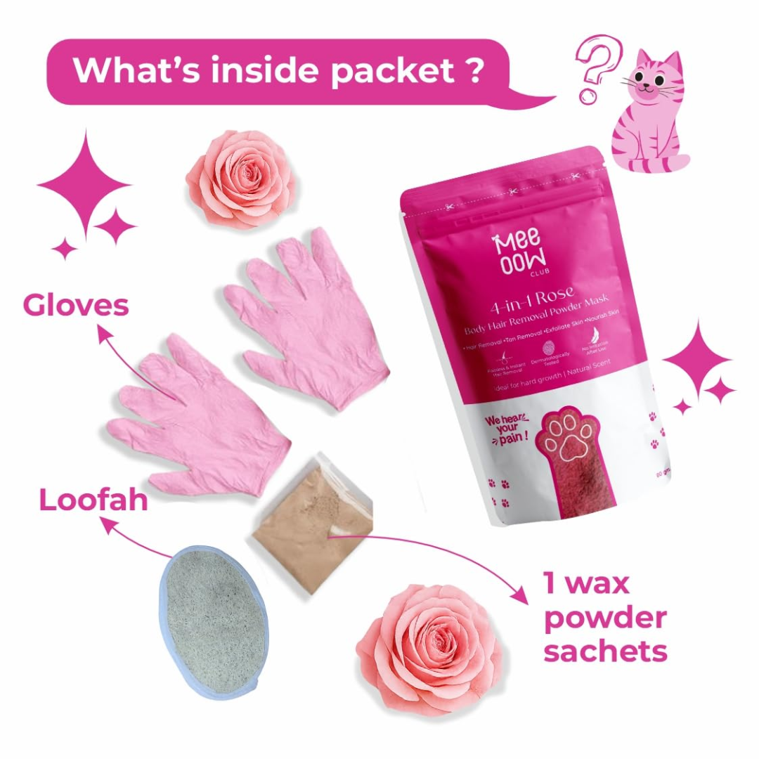 MEEOW 10-Min Painless DIY Hair Removal Mask | 4-in-1 Camel Milk & Rose Herbal Powder | Removes Hair, Reduces Tan, Exfoliates & Nourishes