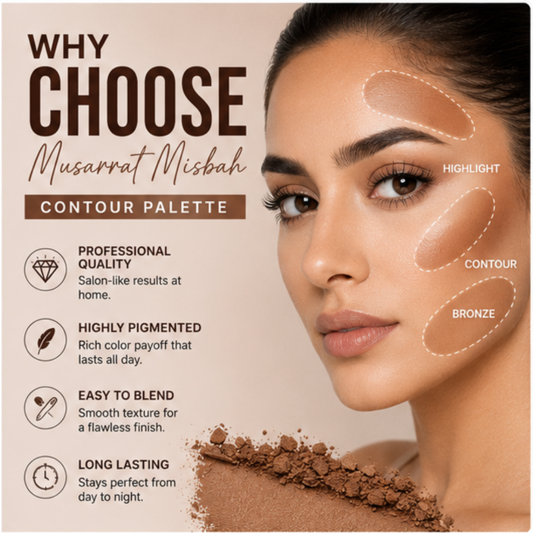 Musarrat Misbah 4-in-1 Contour Palette – Sculpt, Define & Enhance – 4 Shades, Endless Possibilities – Highlight, Contour & Bronze & Concealer – Blendable, Silky Smooth & Long-Lasting