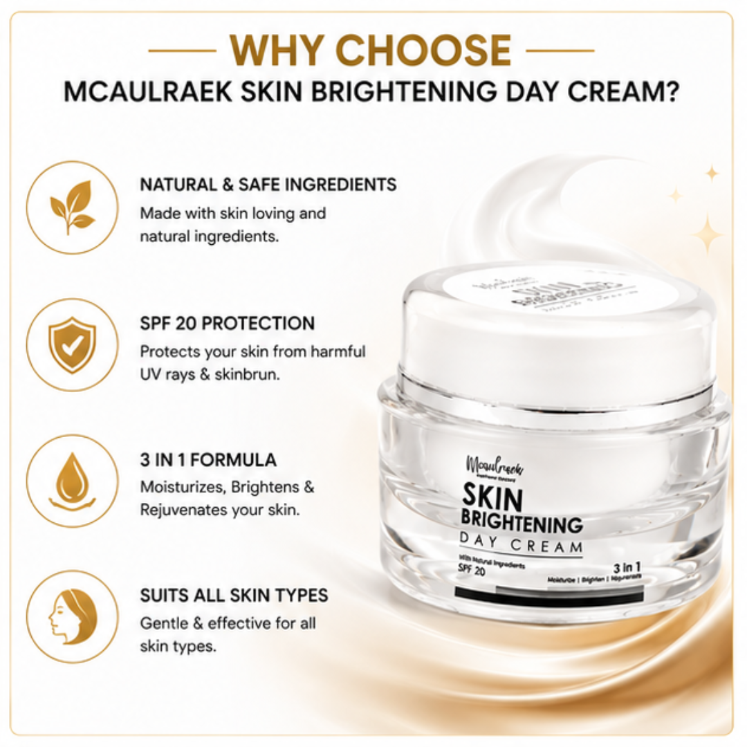 Mcaulraek Skin Brightening Day Cream – Brighten, Protect & Hydrate – 3-in-1 Moisturizer, Brightener & Rejuvenator – SPF 20 – Enhances Natural Radiance, Shields from UV & Skinbrun
