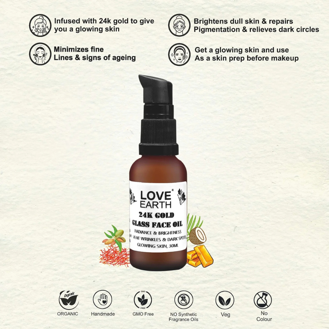 LoveEarth 24k Gold Glass Skin Facial Serum | Blurring pores + deeply hydrate |  Perfect for Flawless makeup base
