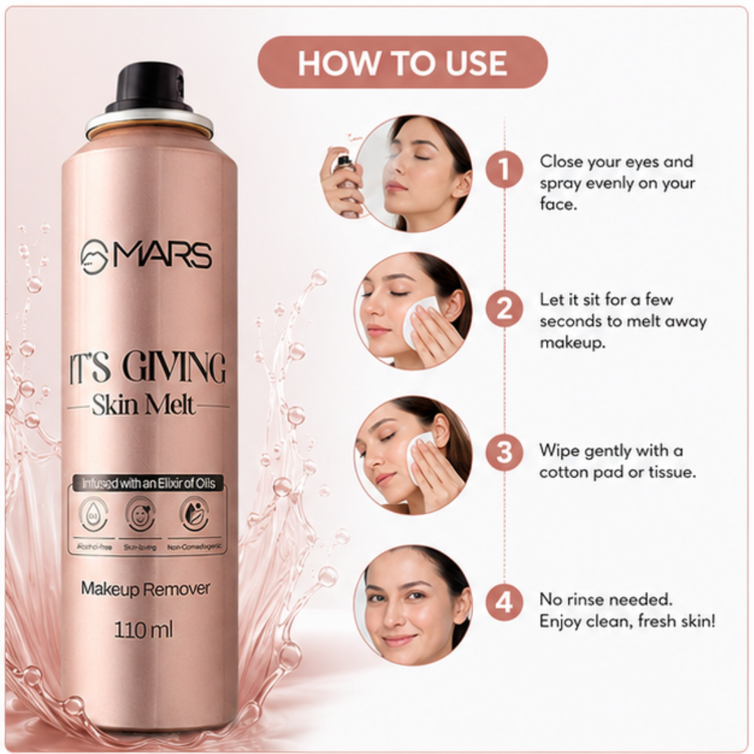 MARS It's Giving Skin Melt Makeup Remover Spray – Non-Comedogenic, Alcohol-Free Makeup Remover – Infused with Elixir of Nourishing Oils – Effortlessly Removes Waterproof & Heavy Makeup