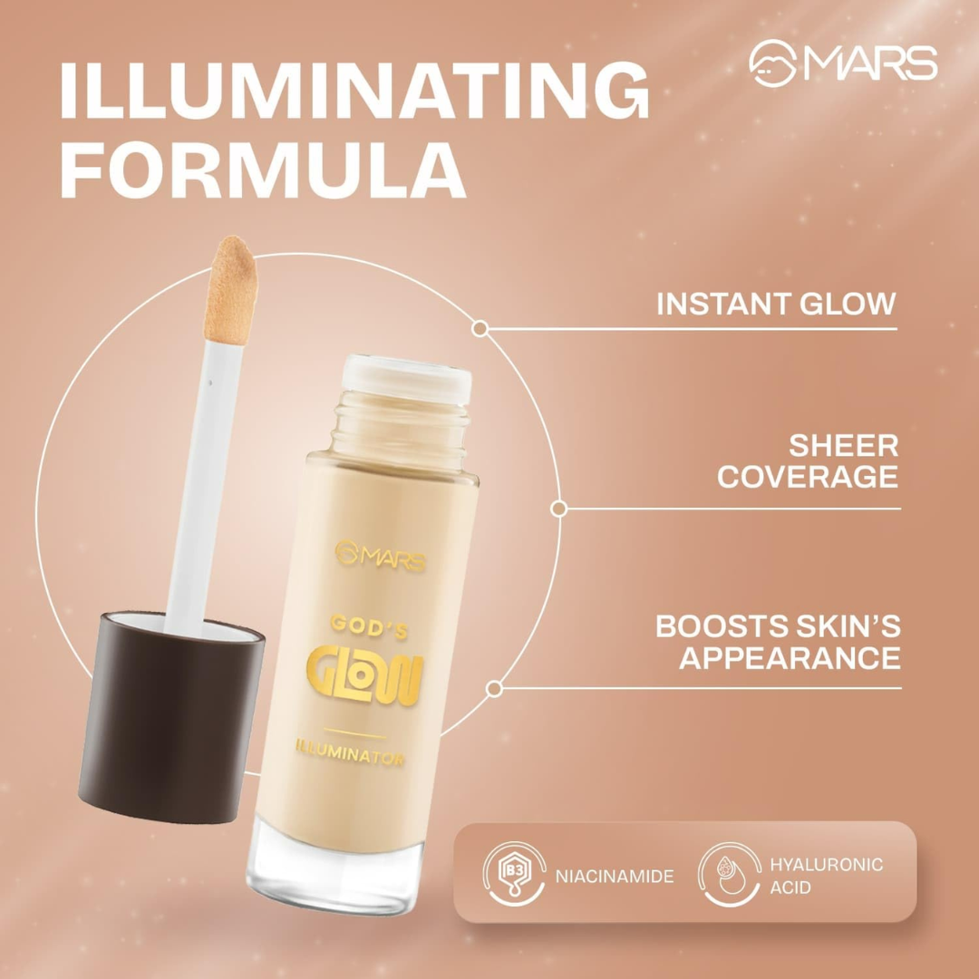 Flawless Glow Duo | MARS God’s Glow Illuminator + Full Coverage Foundation | All-Day Hydration & Glowy Finish