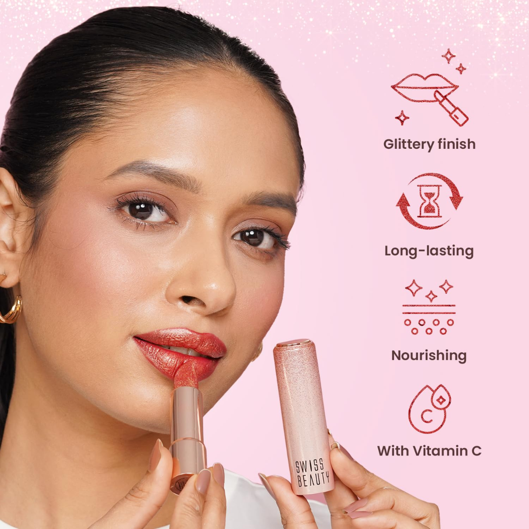 Swiss Beauty Glitter Lipstick Pack of 3 | Nourishing Vitamin C Formula, Long-Lasting Shimmer & Glittery Finish