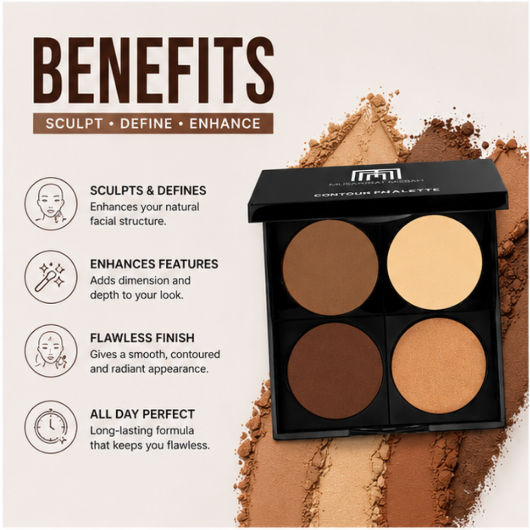 Musarrat Misbah 4-in-1 Contour Palette – Sculpt, Define & Enhance – 4 Shades, Endless Possibilities – Highlight, Contour & Bronze & Concealer – Blendable, Silky Smooth & Long-Lasting