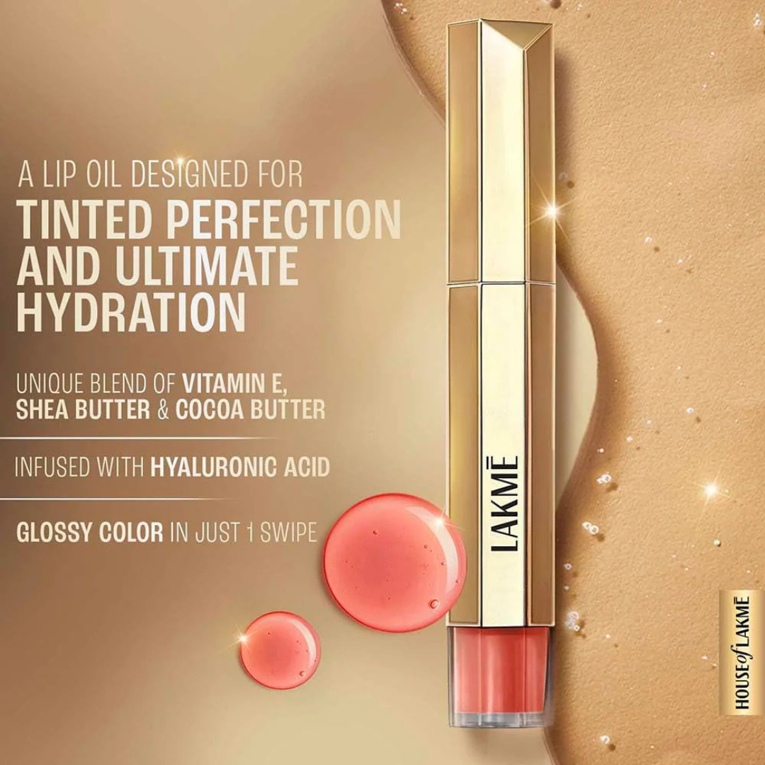 Lakmé 9To5 Tinted Lip Oil | Intense Color & Hydration with Hyaluronic Acid, Jojoba & Almond Oils