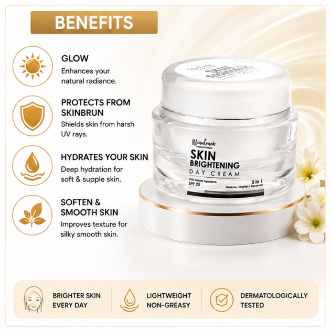 Mcaulraek Skin Brightening Day Cream – Brighten, Protect & Hydrate – 3-in-1 Moisturizer, Brightener & Rejuvenator – SPF 20 – Enhances Natural Radiance, Shields from UV & Skinbrun