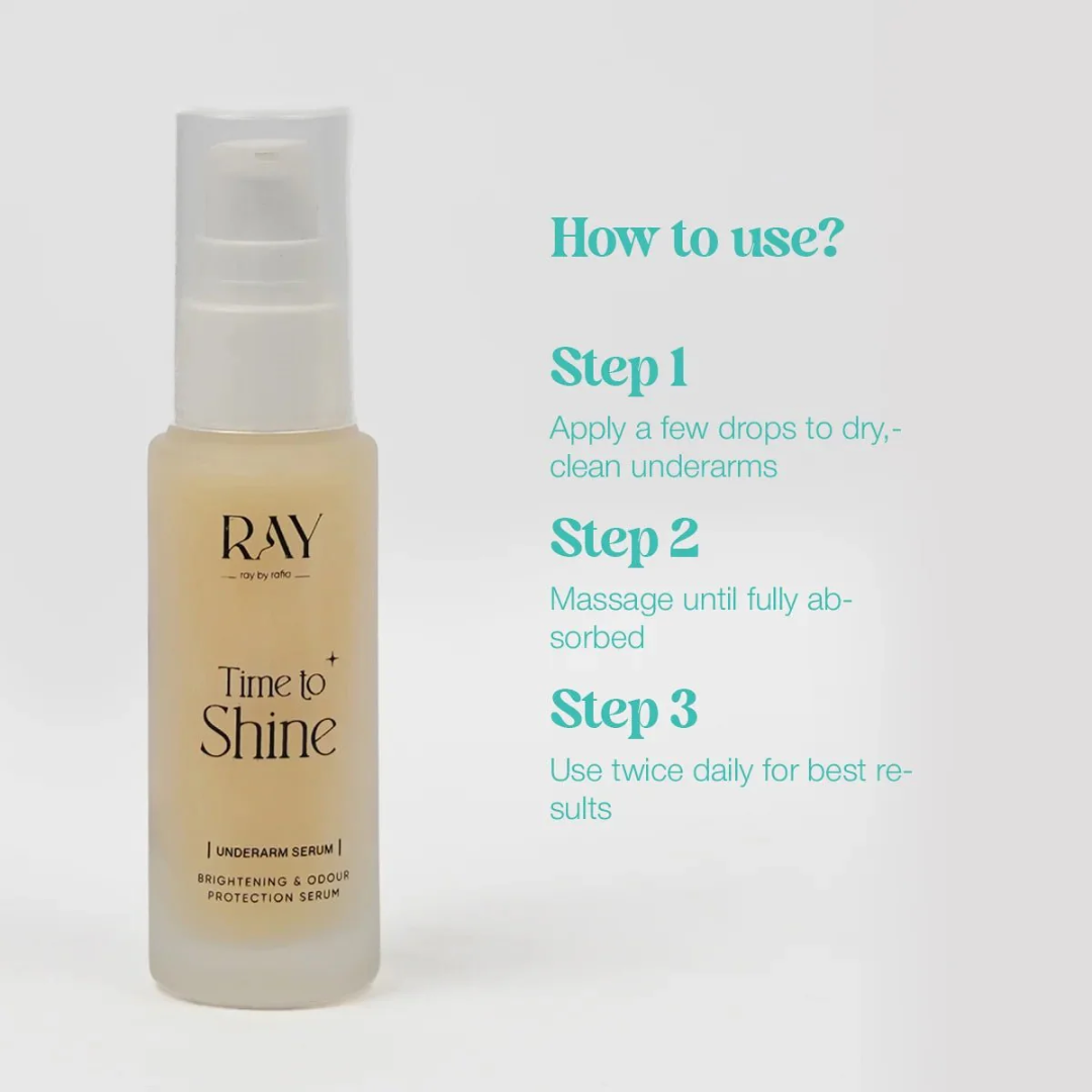 RAY BY RAFIA Underarm Serum – Time to Shine – Brightens Dark Underarms, Reduces Odour, Smooths Bumpy Skin – With Glycolic Acid – For Dark Neck & Strawberry Legs Too