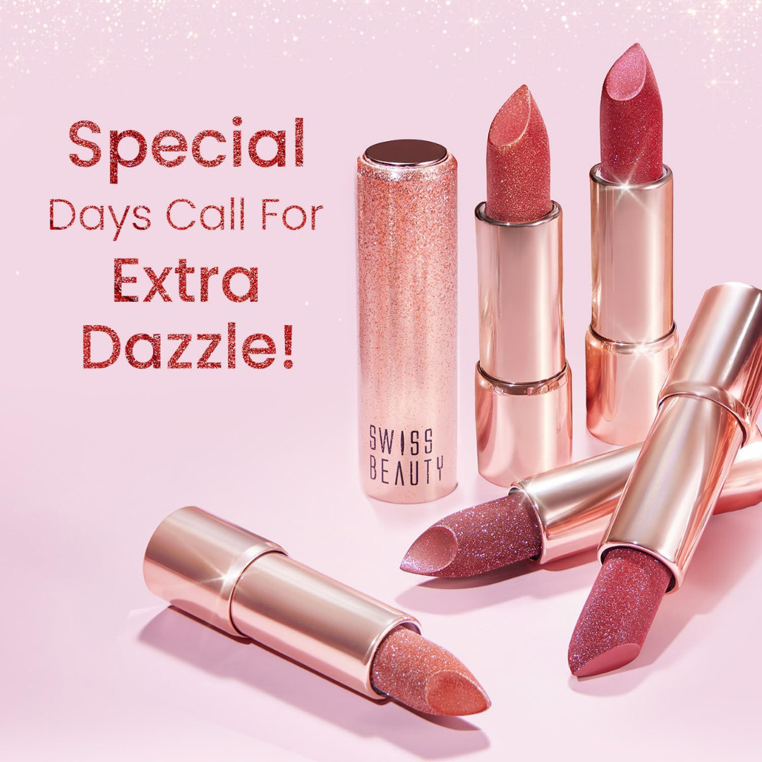 Swiss Beauty Glitter Lipstick Pack of 3 | Nourishing Vitamin C Formula, Long-Lasting Shimmer & Glittery Finish