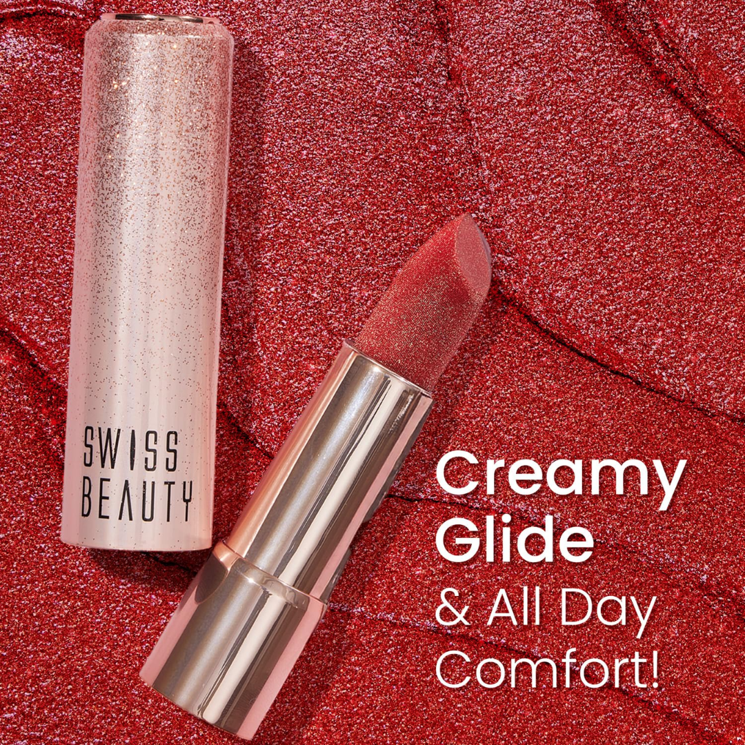Swiss Beauty Glitter Lipstick Pack of 3 | Nourishing Vitamin C Formula, Long-Lasting Shimmer & Glittery Finish