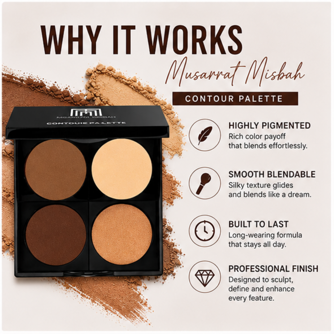 Musarrat Misbah 4-in-1 Contour Palette – Sculpt, Define & Enhance – 4 Shades, Endless Possibilities – Highlight, Contour & Bronze & Concealer – Blendable, Silky Smooth & Long-Lasting