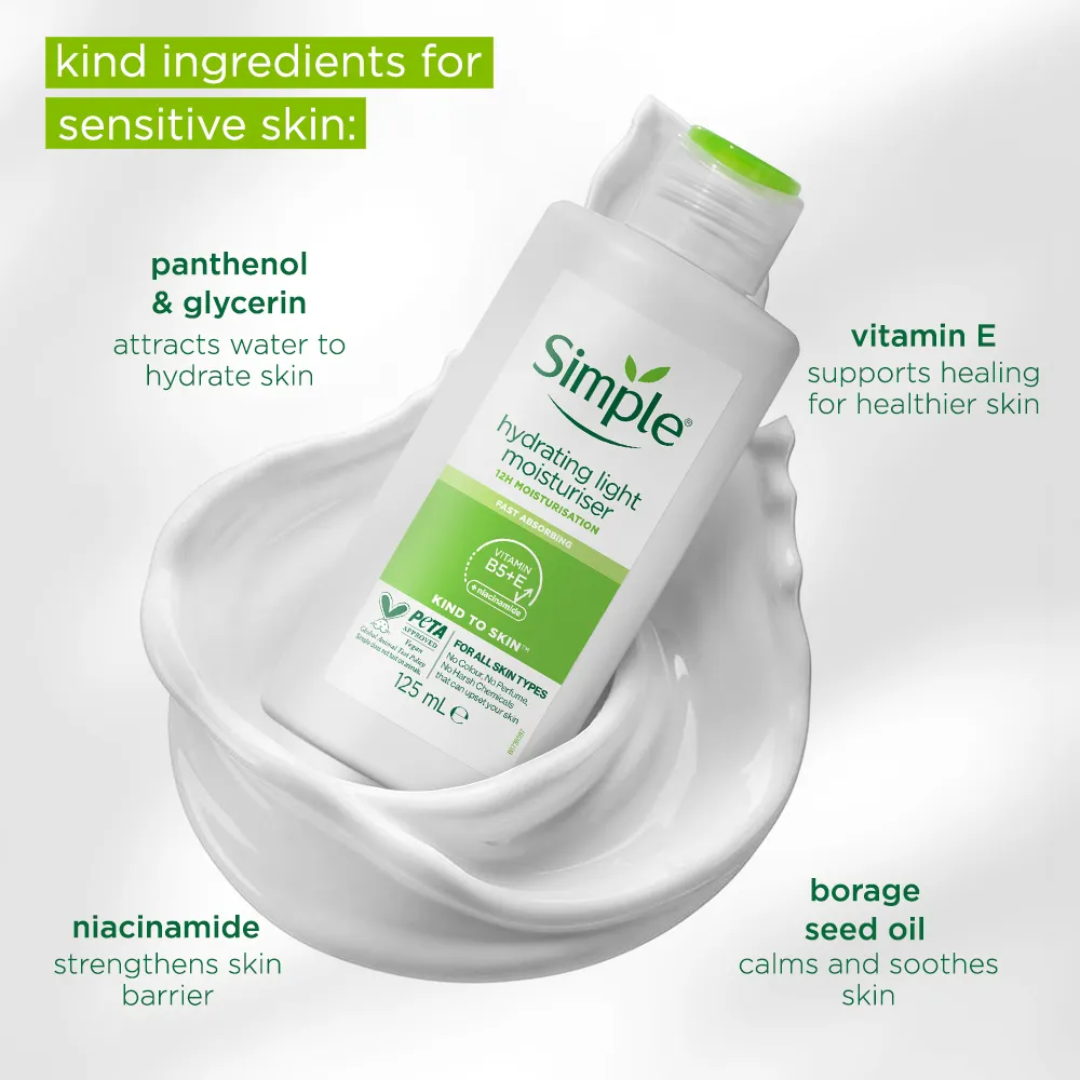 Simple Hydrating Light Moisturiser | 12-Hour Moisture, Vitamin B5+E & Niacinamide, for Sensitive Skin