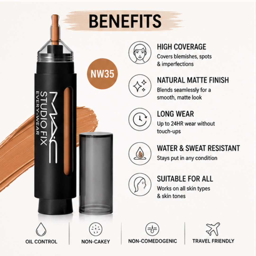MAC Studio Fix Every Wear All Over Face Pen – High Coverage Foundation, Concealer & All Over Face Pen – All-in-One – 24HR Wear, Water & Sweat Resistant, Transfer Resistant – Natural Matte Finish