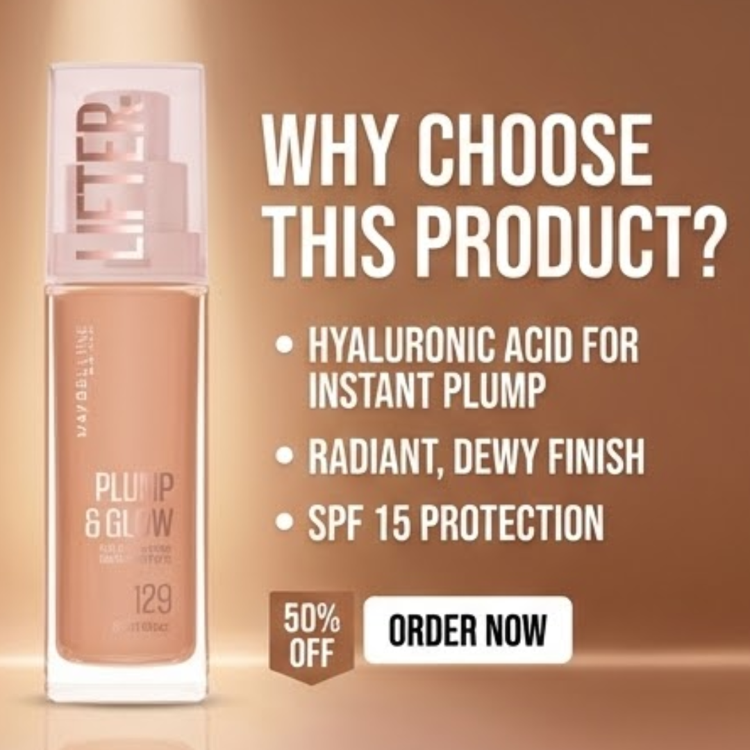 Maybelline Plump & Glow Foundation | 2% Niacinamide + Hyaluronic Acid, SPF 15, Dewy Finish & Instant Plumping Coverage