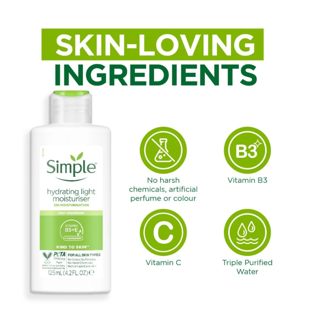 Simple Hydrating Light Moisturiser | 12-Hour Moisture, Vitamin B5+E & Niacinamide, for Sensitive Skin