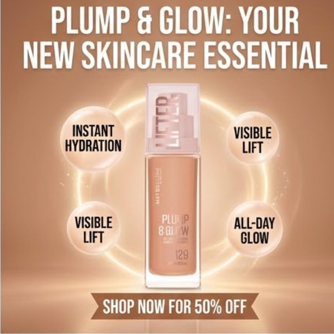 Maybelline Plump & Glow Foundation | 2% Niacinamide + Hyaluronic Acid, SPF 15, Dewy Finish & Instant Plumping Coverage