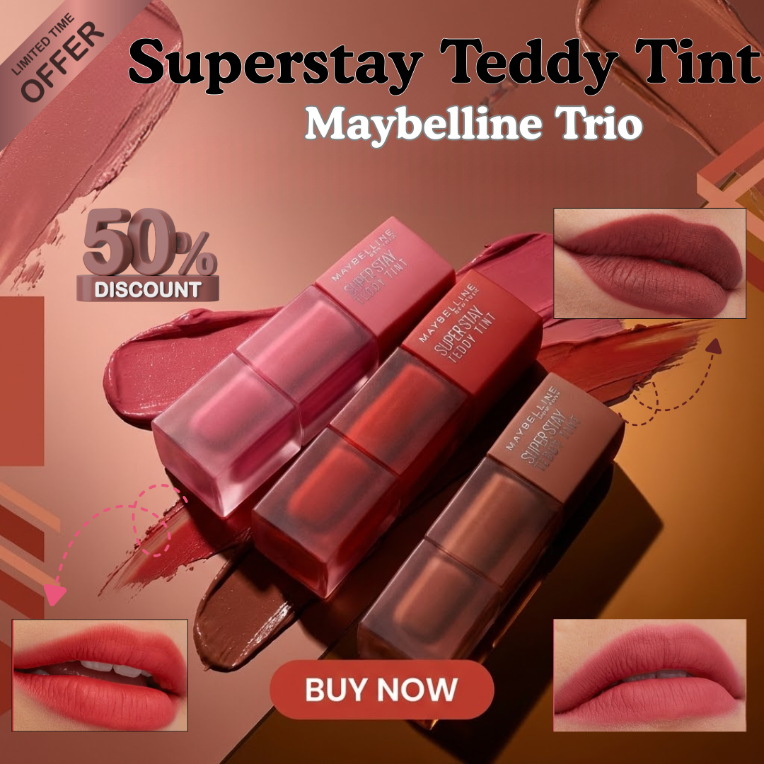 Maybelline Super Stay Teddy Lip Tint - Super long-lasting, waterproof & lightweight (Pack of 3)
