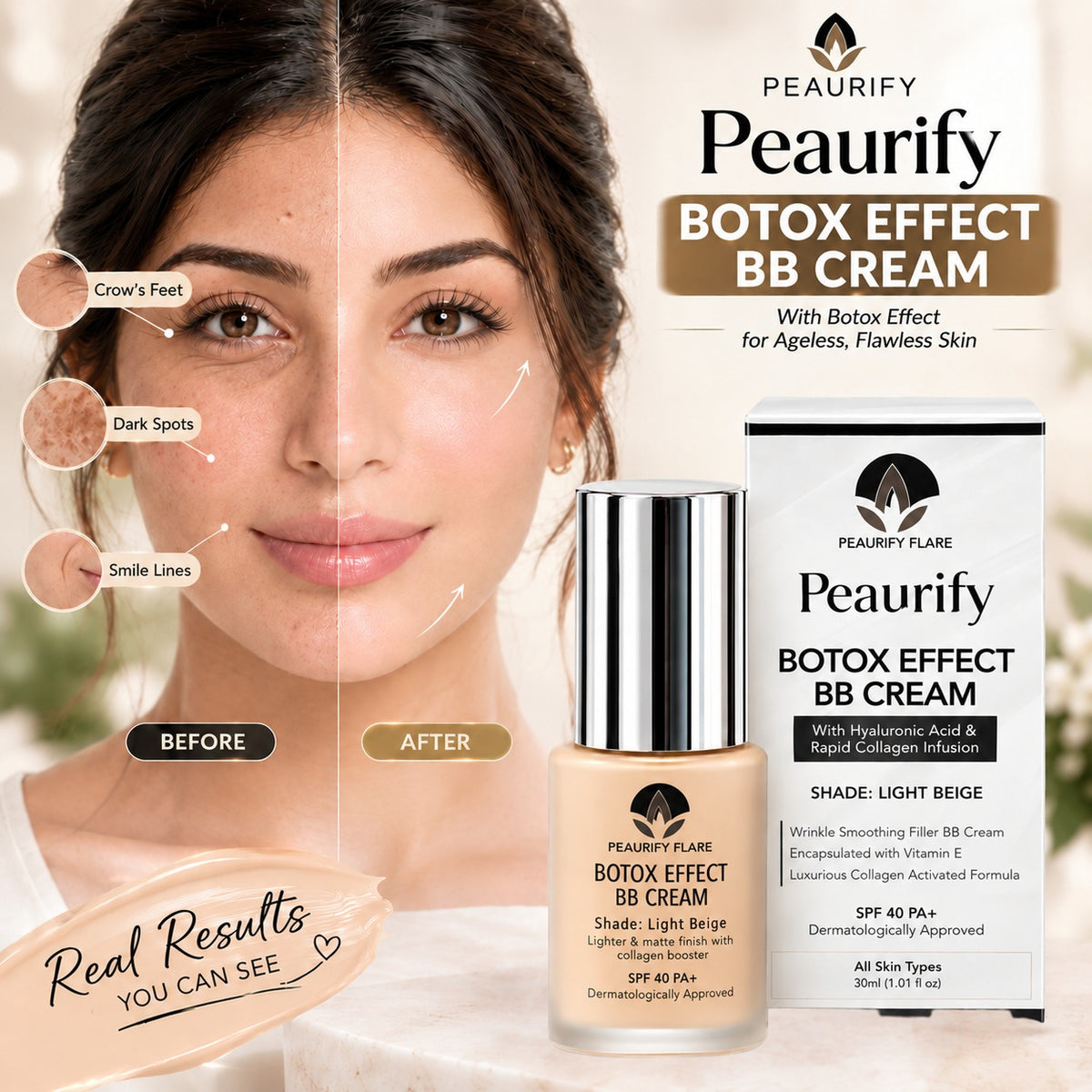 Peaurify Flare Botox Effect BB Cream – Light Beige Matte Finish – Anti-Aging Collagen Booster with SPF 40 PA+