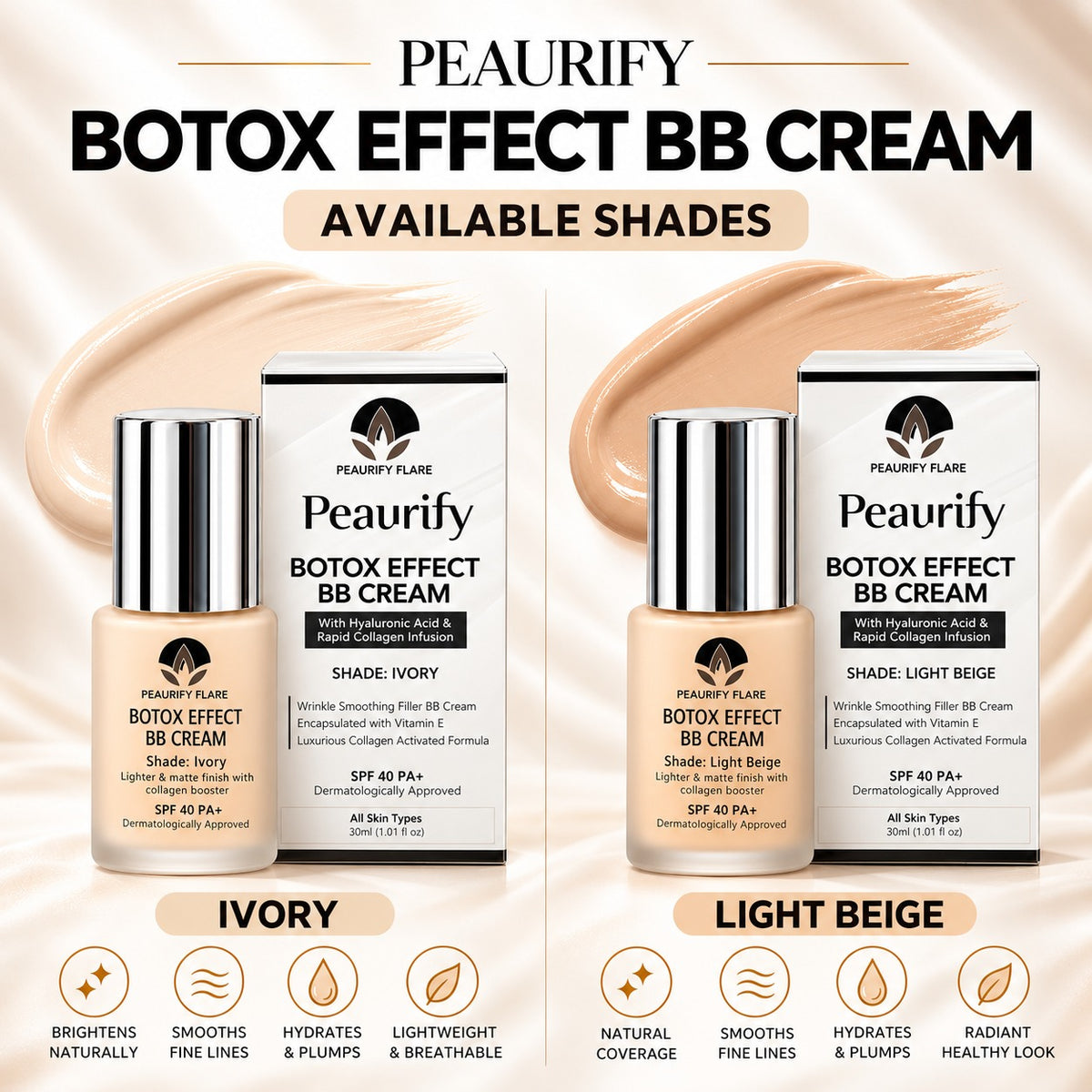 Peaurify Flare Botox Effect BB Cream – Light Beige Matte Finish – Anti-Aging Collagen Booster with SPF 40 PA+